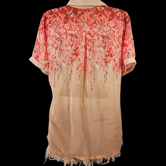 GeeGee Pink Floral Short Slv Blouse Sheer Lightweight Button Front Top Womens M - Picture 3 of 9